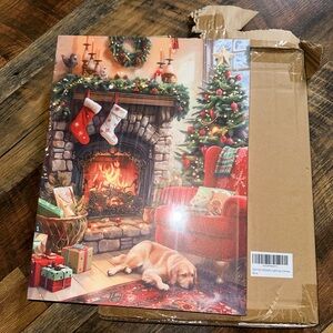 Soffee Light Up Christmas Fireplace Canvas Wall Art with Dog - Red & Green